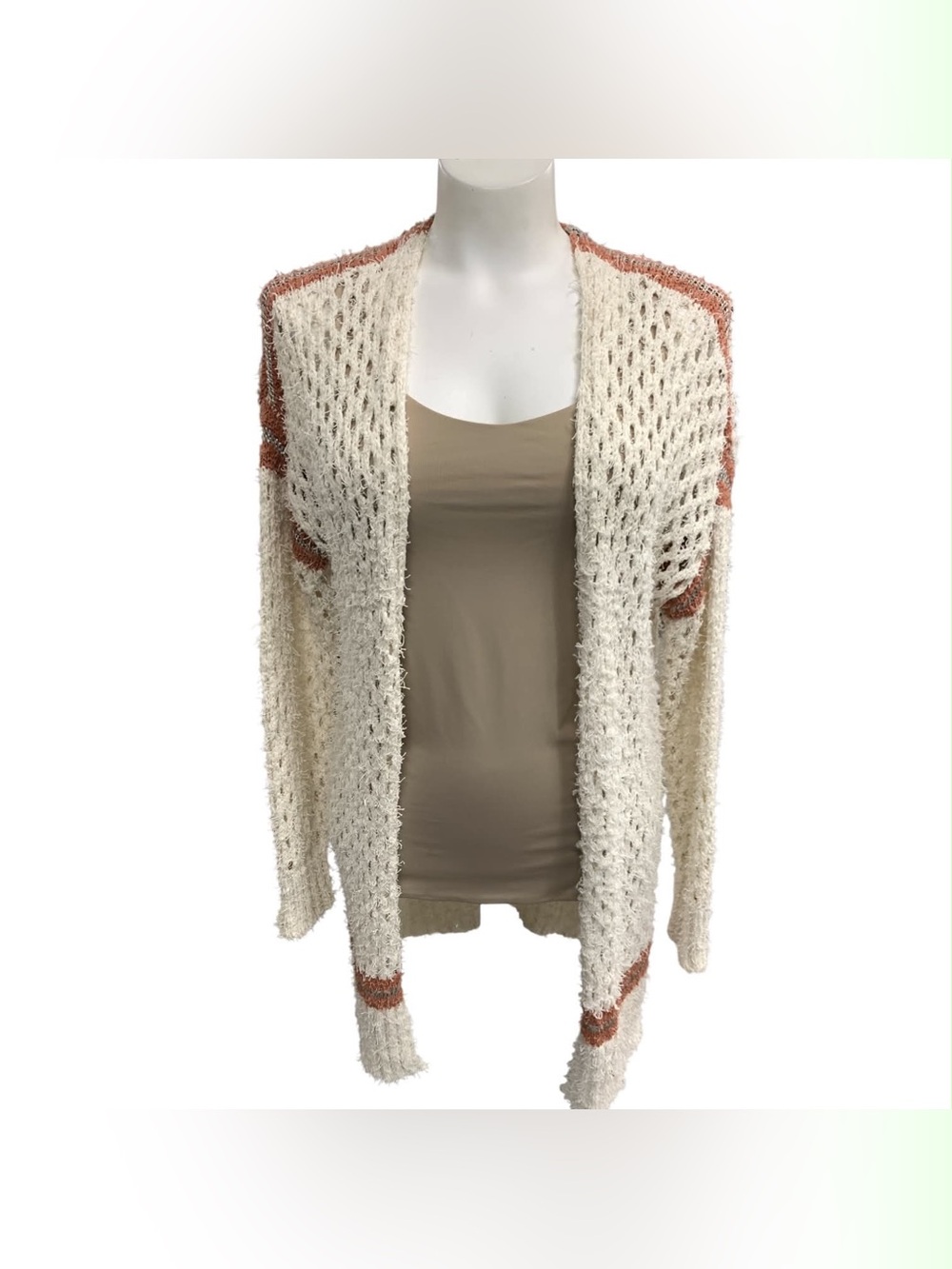 Amuse Society Cream Open-Knit Cardigan with Rust Trim Size S